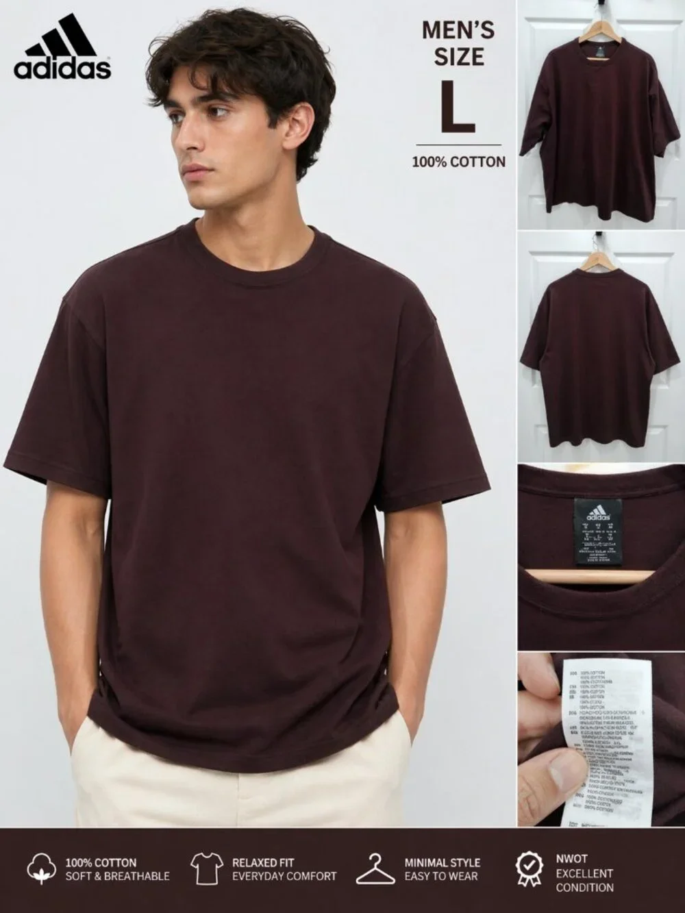 Adidas Dark Brown Crewneck T Shirt Men’s Size L 100% Cotton Minimal Basic